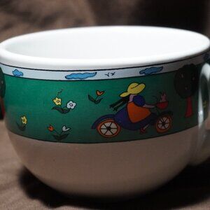 Vintage Large Mug or Soup Bowl with flowers and a girl on a bike